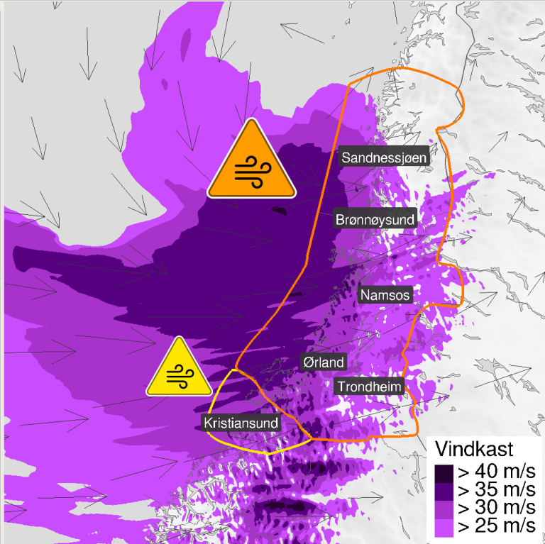Kart som viser områdene som er omfattet av det oransje og gule farevarselet om vindkast.