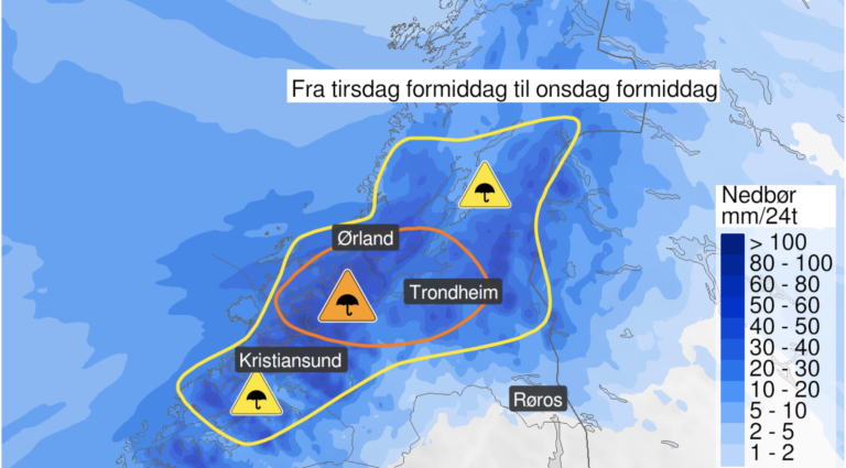Farevarsel på oransje nivå for regn i Trøndelag.