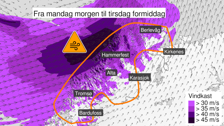 Kart som viser området omfattet av farevarselet.