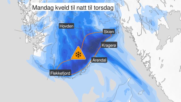 Kart som viser Agder og Telemark, med oransje farevarsel for snø markert fra Skien til Flekkefjord.