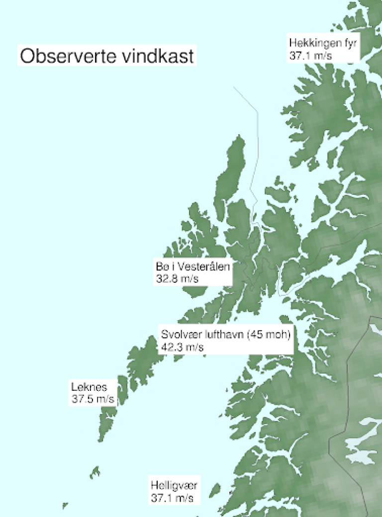 Utvalgte vindkastobservasjoner til og med onsdag kl 19.