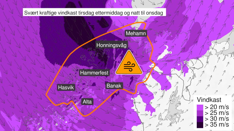 Den kraftigste vinden ventes i dette området, men det er fortsatt usikkert hvor det blir verst.