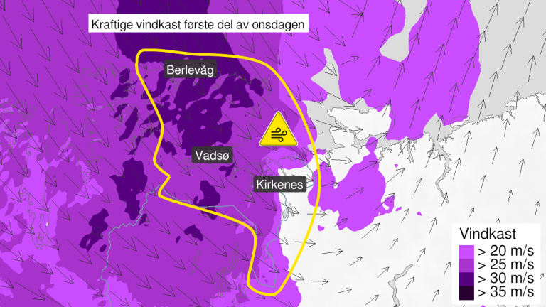 Gult farevarsel om kraftig vindkast onsdag.