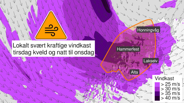 Bildet viser hvor den kraftigste vinden ventes. Det er fortsatt usikkert hvor det blir verst.