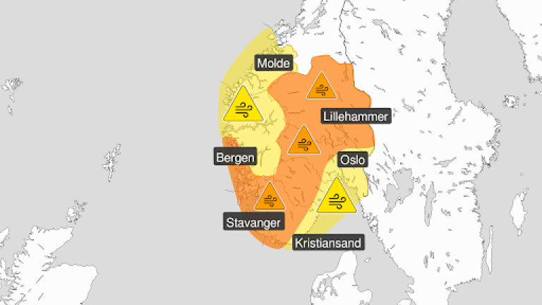 Kartet viser hvor det er oransje og gule farevarsel