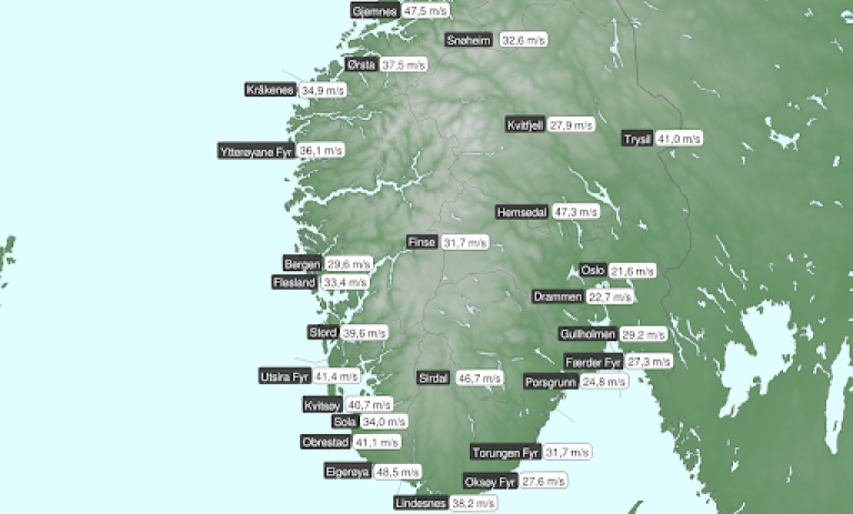 Figuren gir oversikt over målt vindhastighet på utvalgte stasjoner.