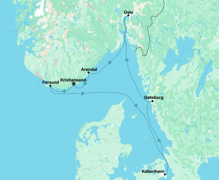 Kart som har markert reiseruta.