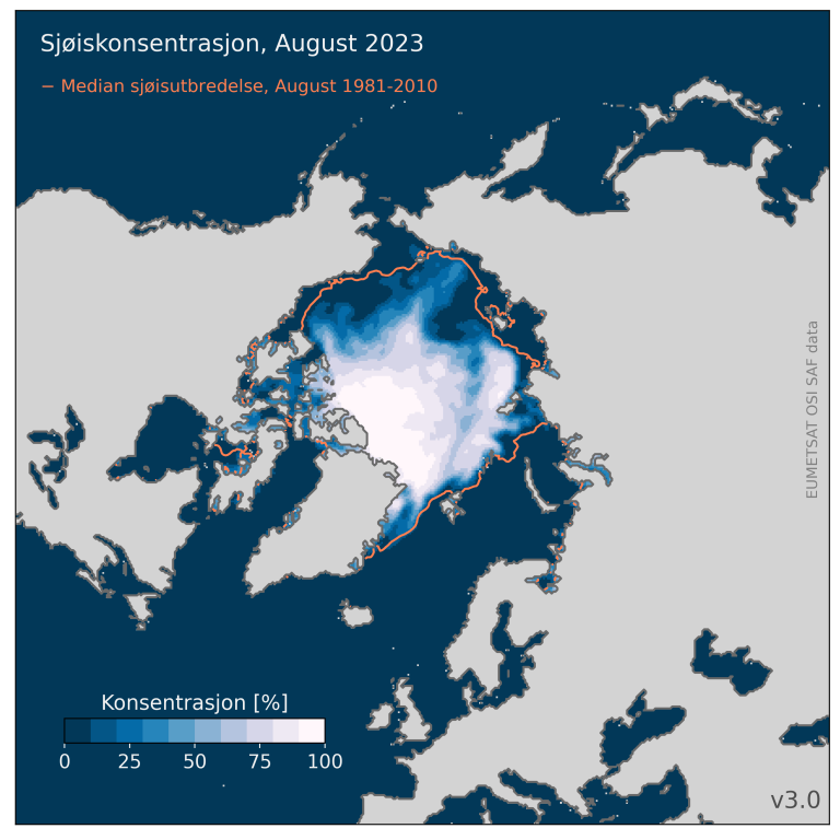 Kart over Arktis som viser sjøiskonsentrasjonen i 2023 sammenlignet med en større orange sirkel som viser gjennomsnittet av sjøiskonsentrasjonen mellom 1981-2010.