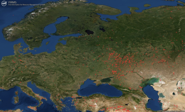 Her ser du eit satellittbilde over kvar i Europa det var aktive skogbrannar 1. oktober. Illustrasjon: FIRMS (Fire Information for Resource Management System), NASA’s Land, Atmosphere Near real-time Capability for EOS.