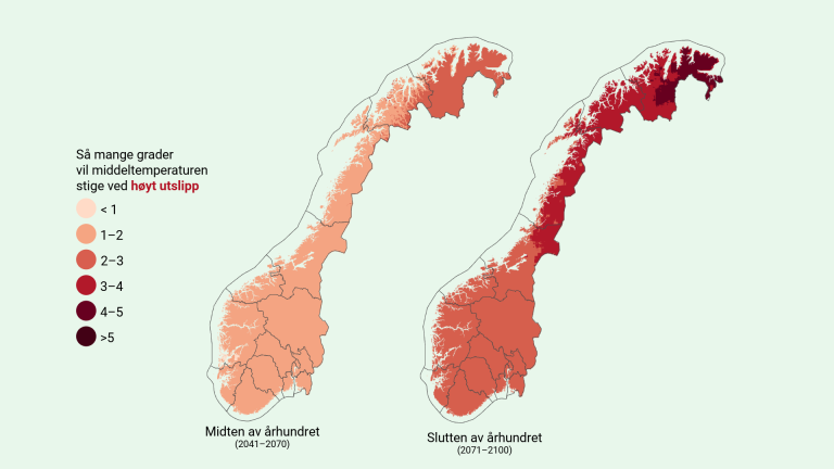 Kart som viser hvor mye temperaturen vil øke i vårsesongen ved høye utslipp. 
