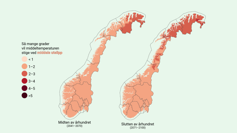 Kart som viser endringer i middeltemperatur om våren ved middels utslipp