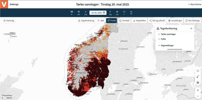 Kart over Norge som viser tørkesituasjonen i Sør-Norge per 20. mai 2025. 