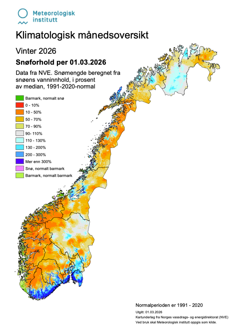 Kart oer Norge som viser snøforhold ved utgangen av vintersesongen. Trykk for nedlasting.&nbsp;