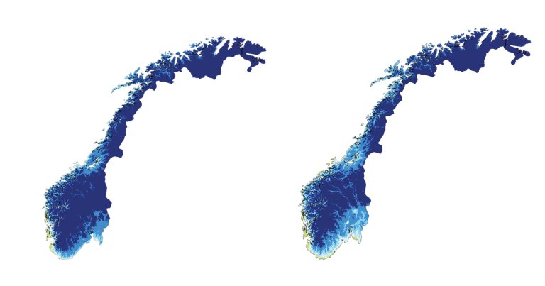 Kartene er basert på snødata for perioden 1961-1990 og 1988-2017. De viser hvor mange år det har vært 10 millimeter snø på bakken på julaften for hver av disse periodene. Kilde: Cristian Lussana og Ketil Isaksen, klimaforskere ved Meteorologisk institutt.