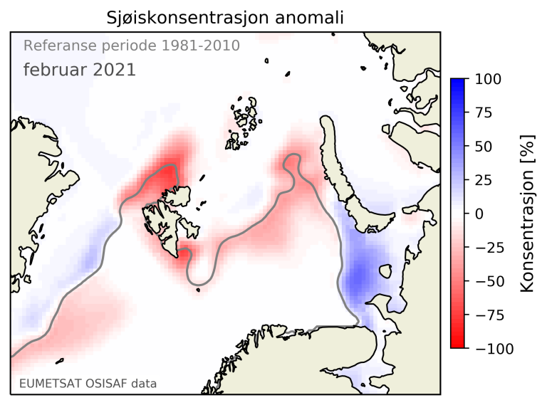 Sjøiskonsentrasjon anomali februar 2021
