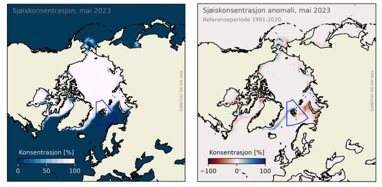 Sjøiskonsentrasjonen i Arktis for mai 2023