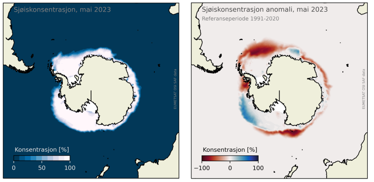 Sjøiskonsentrasjonen i Antarktis for mai 2023