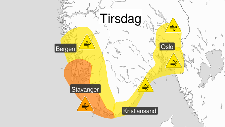 Vinden blir kraftigst i deler av Sunnhordland, Rogaland og Agder.