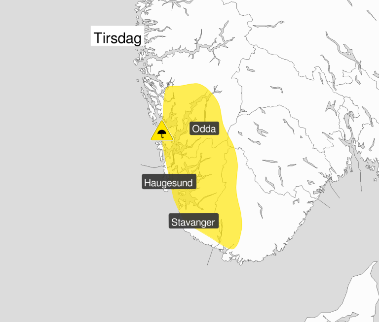 Vi forventer lokalt mye nedbør som en kombinasjon av regn og regnbyger. Figur: Meteorologisk institutt