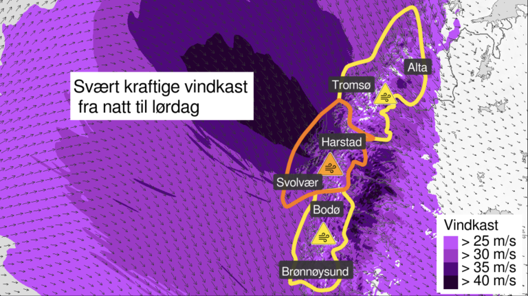 Kart som viser område dekket av oransje og gule farevarsel om vind i Nord-Norge. 
