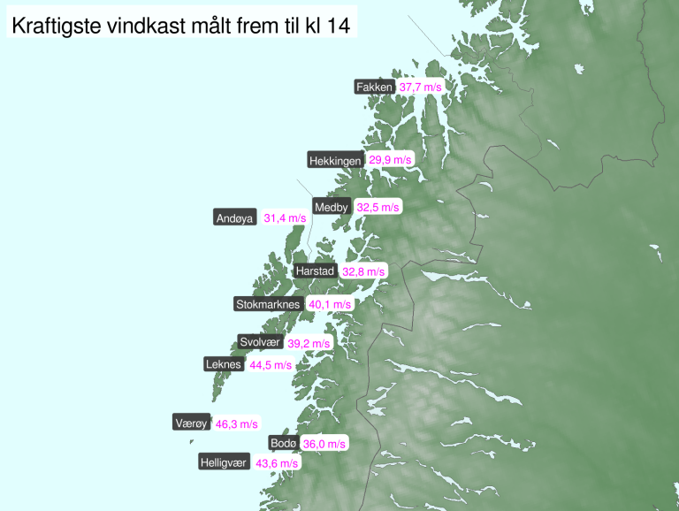 Kart som viser observerte vindkast i Nordland og Troms. 