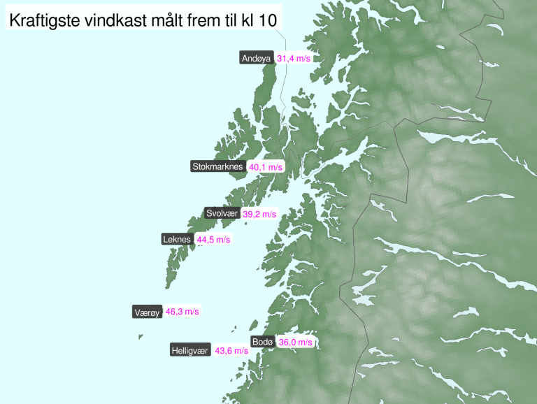 Kart over Norge som viser de kraftigste målte vindkastene i Nord-Norge fram til klokka 10 i forbindelse med oransje farevarsel om vindkast. 