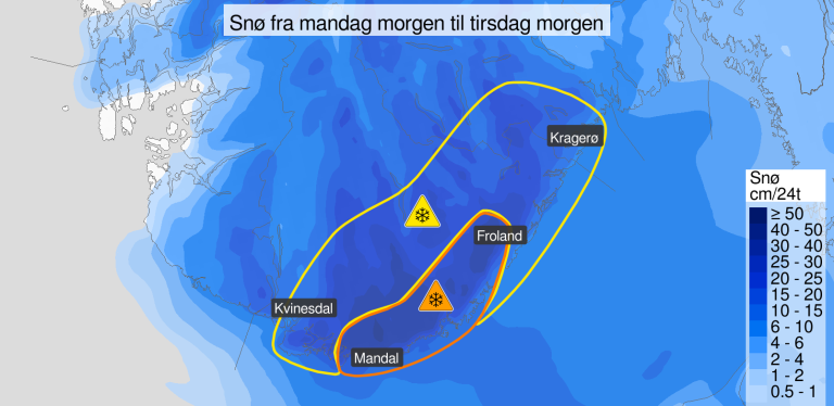 Kart som viser at det oransje farevarselet strekker seg omtrent fra Mandal i sør til Froland i aust, og gult varsel omtrent fra Kvinesdal til Kragerø.
