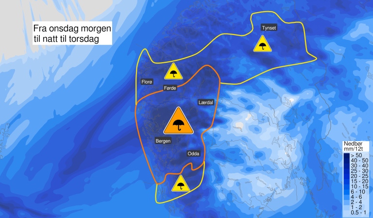 Farevarsel for kraftig regn i Hordaland og Sogn onsdag 18. november 2020.