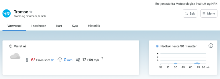 Bildet viser været nå i Tromsø. Dette varselet får du ved å gå til ditt sted på Yr. Været nå er det første varselet du kommer til.