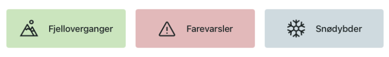 Bilde som viser inngangsporter til andre tjenester på Yr. Spesialvarsel for fjelloverganger til venstre, farevarsler midt i og snødybde-varsel til høyre.