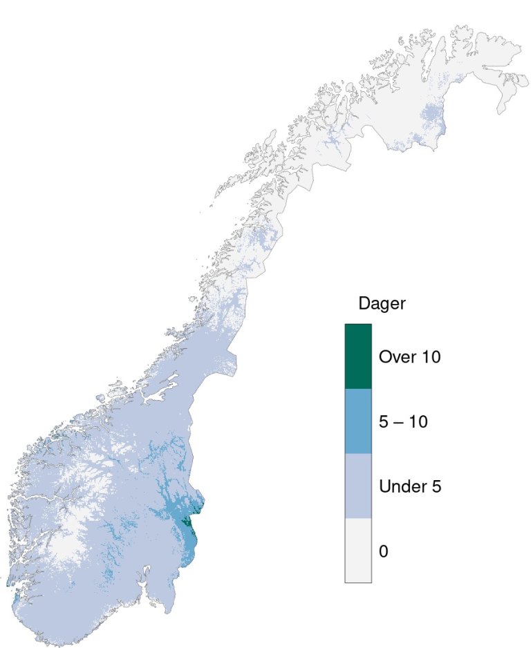 Kart med farger som beskriver hvor det er flest og minst endringer i antall dager med frost i starten av vekstsesong i perioden 1991–2020.