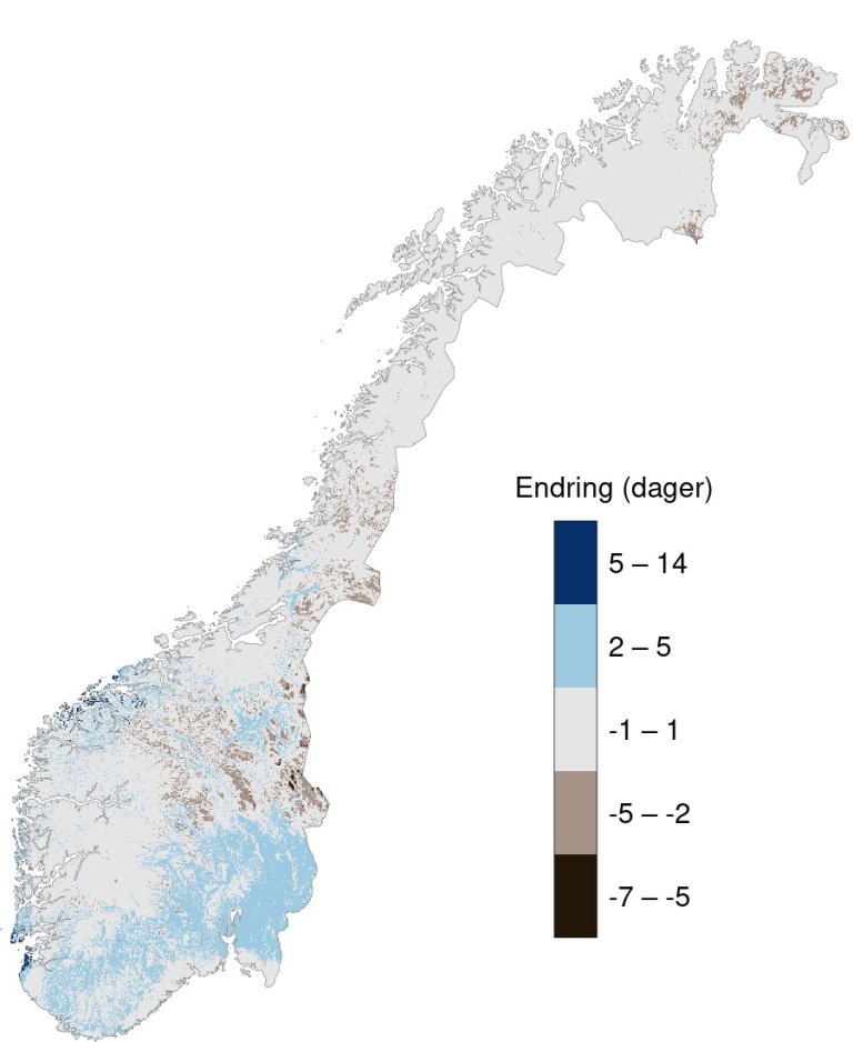 Kart med fargekoder som viser endring i antall dager med frost i starten av vekst-sesongen basert på døgnmiddeltemperatur, endring mellom 1961–1990 og 1991–2020.