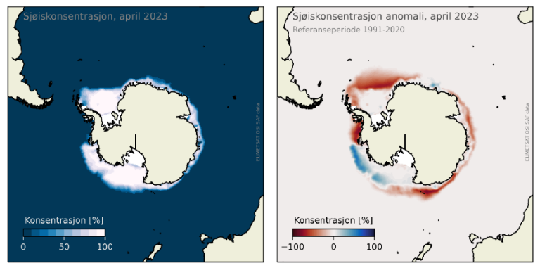Sjøiskonsentrasjon i Antarktis i april 2023