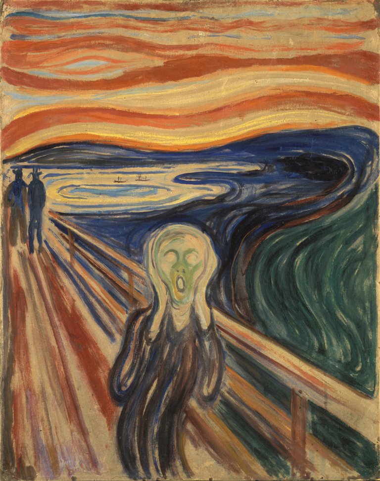 Et av eksemplarene av maleriet Skrik av Edvard Munch. Denne versjonen, malt med tempera på kartong i 1910, ble stjålet fra Munchmuseet i 2004 og funnet igjen noen år senere. Foto: https://no.wikipedia.org/wiki/Skrik