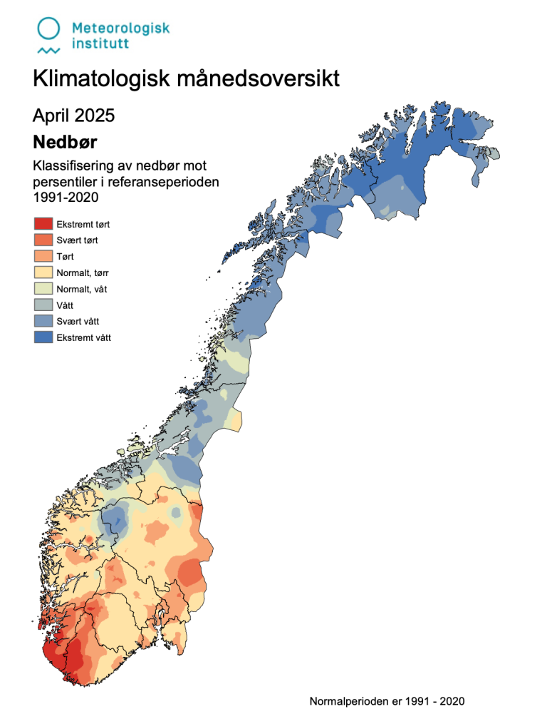 Kart som viser nedbør mot normalen 1991-2020.