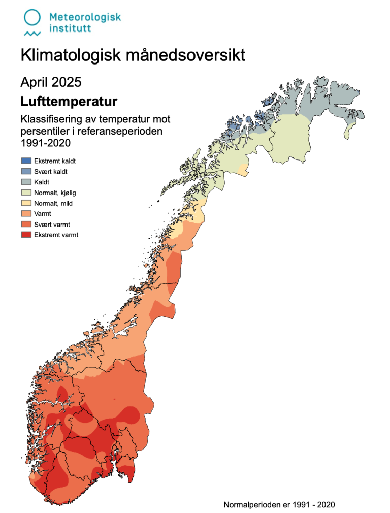Kart som viser lufttemperaturen for april sammenliknet med normalen for 1991-2020.