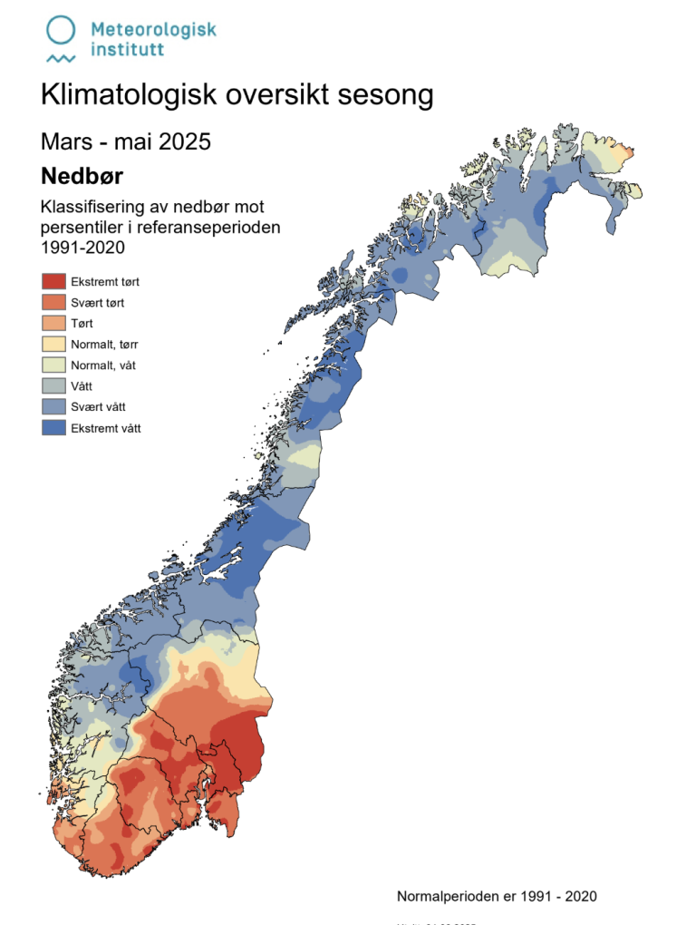 Kart som viser nedbøren som kom våren 2025.