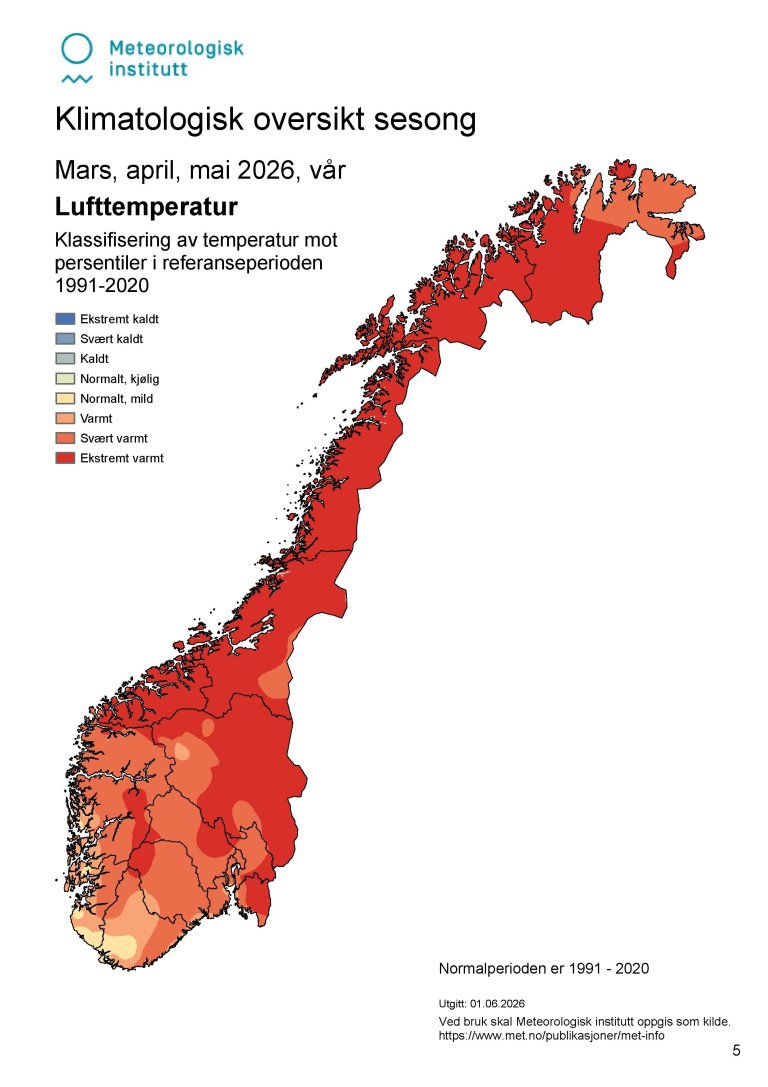 Kart med markerte rødfarger som viser lufttemperaturen.