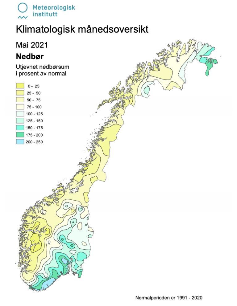 Kart som viser hvor mye nedbør som kom i mai 2021