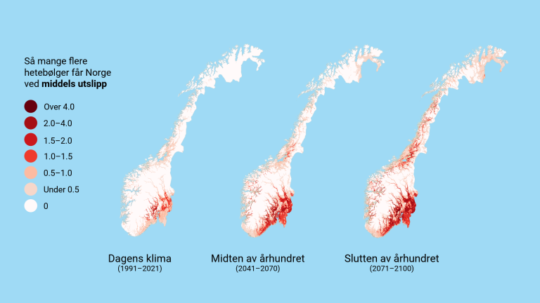 Tre Norgeskart plassert ved siden av hverandre, markert i ulike røde graderinger. 