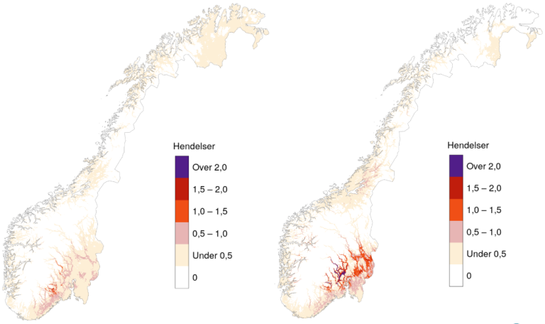 Kart som viser antall hendelser med hetebølger i denne normalperioden (1991-2020) sammenliknet med forrige normalperiode (1961-1990).
