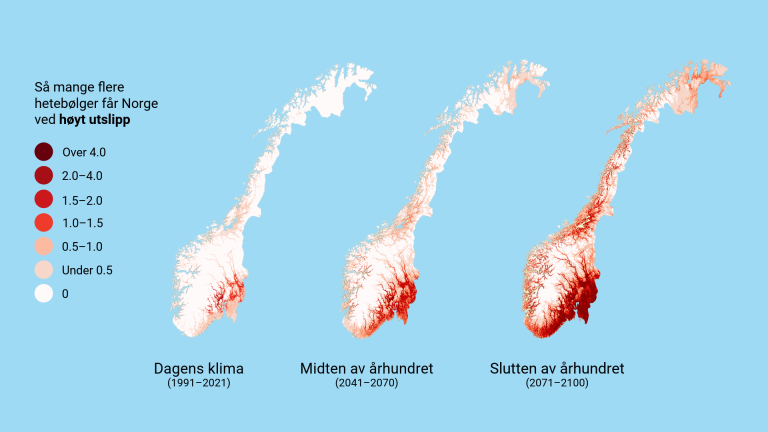 Tre Norgeskart plassert ved siden av hverandre, markert i ulike røde graderinger.