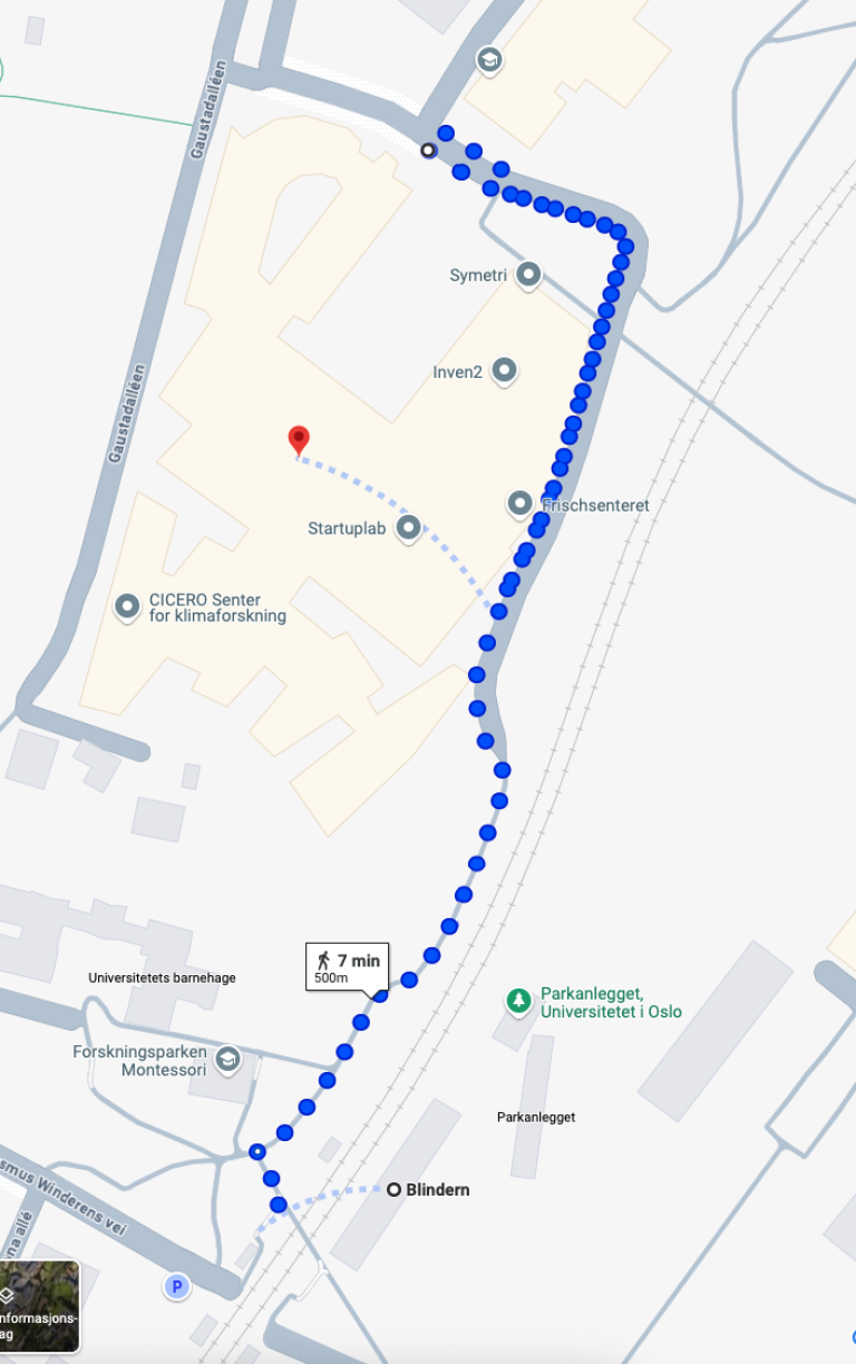 https://www.google.com/maps/dir/Blindern,+0373+Oslo/Forskningsparken+-+Oslo+Science+Park,+Gaustadall%C3%A9en,+Oslo/@59.9416459,10.7176279,17.82z/data=!4m19!4m18!1m10!1m1!1s0x46416de8760339a9:0xb274d119082a2b1f!2m2!1d10.7168667!2d59.9405099!3m4!1m2!1d10.717025!2d59.9429133!3s0x46416de8a7577ff3:0x992d29958b519d26!1m5!1m1!1s0x46416de8a0a7d43f:0x3247022c4ef83e1b!2m2!1d10.7164292!2d59.9422006!3e2?entry=ttu&g_ep=EgoyMDI1MDYyMi4wIKXMDSoASAFQAw%3D%3D
