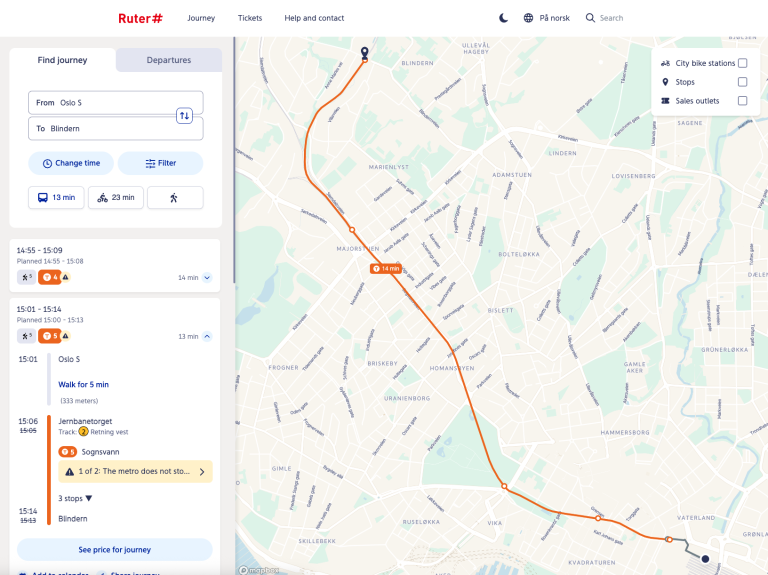 Here you see the Metro travel route from Oslo Central Station to Oslo Science Park.