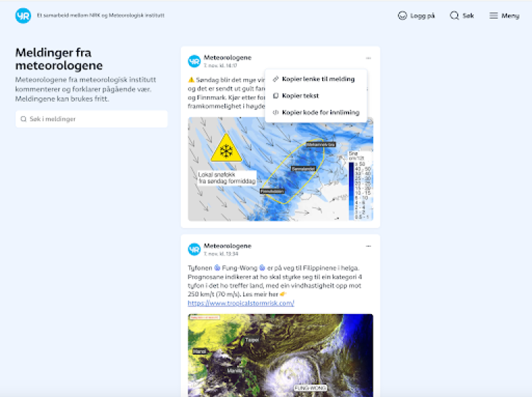 Skjermbilde av meteorologenes meldinger på Yr