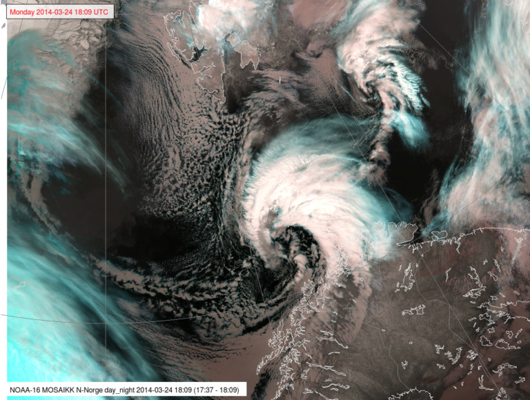 Figur 1. Et polart lavtrykk på Tromsøflaket fra 24. mars 2014 med senter ved ved ca. 72N og 20E. Bilde: Noer/MET