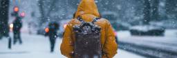 En mann med sekk og gul jakke har trukket hetten godt på for å unngå snøen
